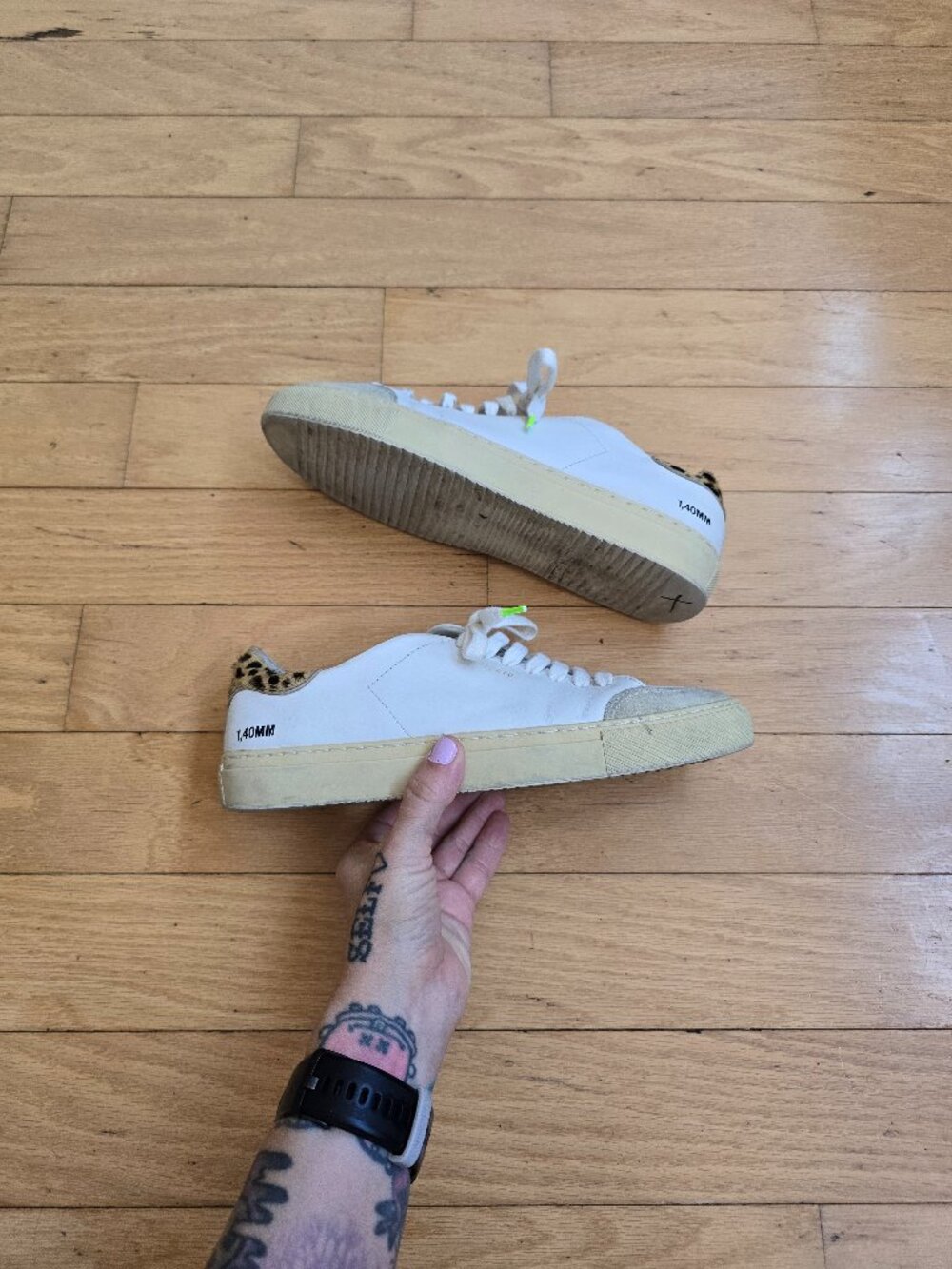 Axel Arigato | Clean 90 White Leather Leopard Heel Designer Sneakers | WMS 8.5